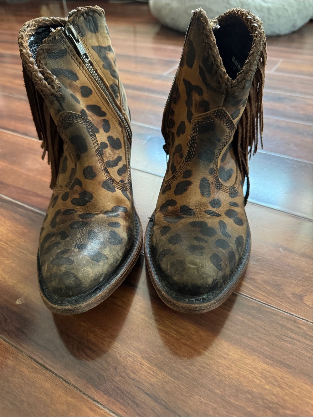 LIBERTY Black Leopard Print Fringe Ankle Boots in Brown and Black